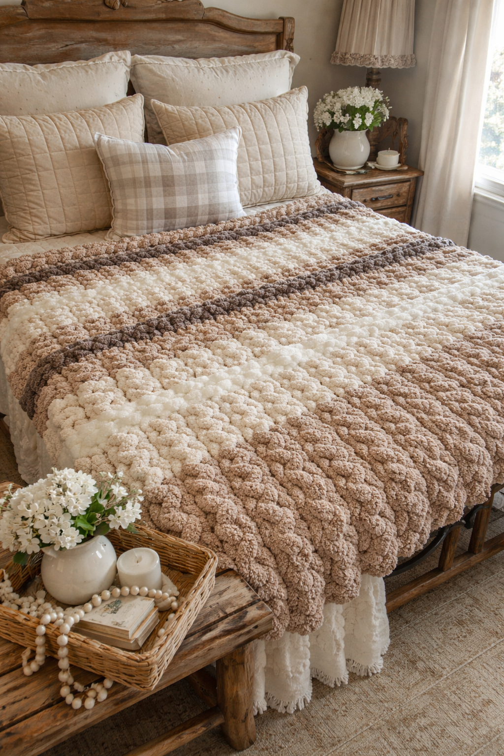 Cozy Farmhouse Comfort: Handknitted Chenille Blanket