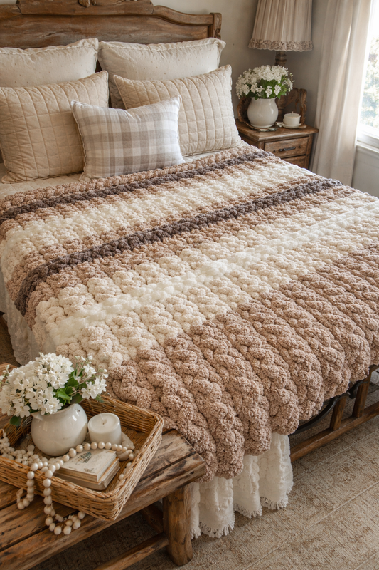 Cozy Farmhouse Comfort: Handknitted Chenille Blanket